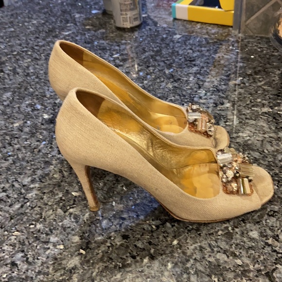 Prada beige fabric w/ jeweled open toe 3” heels - Picture 5 of 7